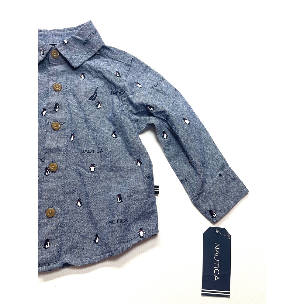 Nautica Baby Boys Blue Penguin Print Long Sleeve Button Down Shirt 12 Months NWT